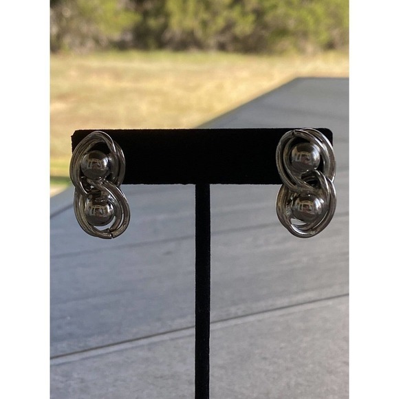 Vintage Clip Ons Earrings Silver Tone Abstract Design Geometric Art Deco - Picture 6 of 11